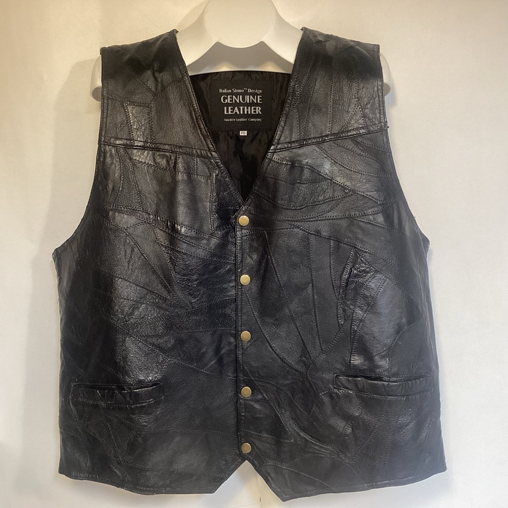 Black Leather Vintage Navarre Italian Stone Leather Vest Men’s Size XXL